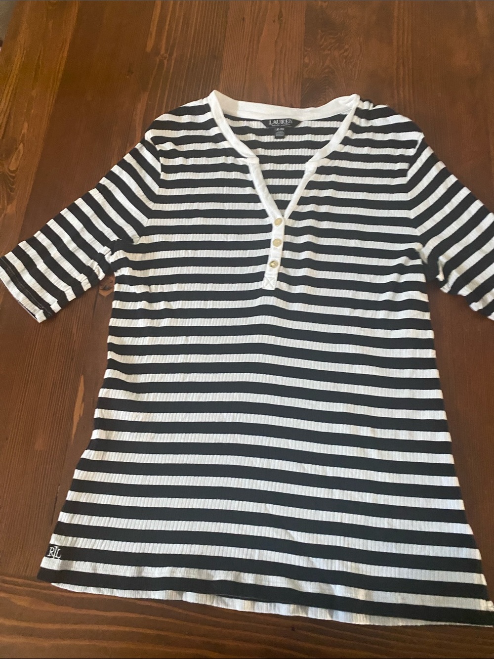Lauren Ralph Lauren Black and White Striped Henley Tee